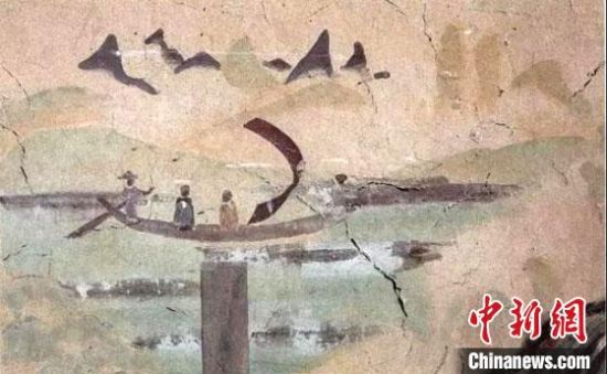 “一人搖櫓晃扁舟，兩人撐篙水上漂?！眻D為莫高窟第323窟《搖櫓帆船》（初唐）?！《鼗脱芯吭汗﹫D