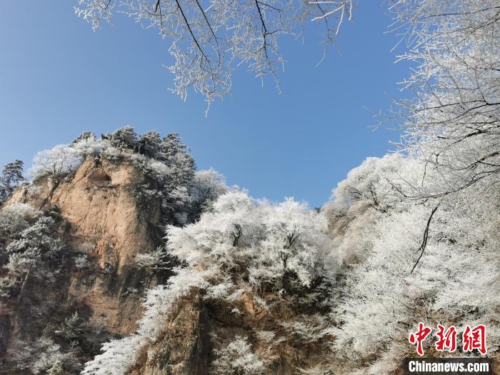 圖為藍(lán)天下霧凇籠罩山脈?！⌒煺袢A 攝