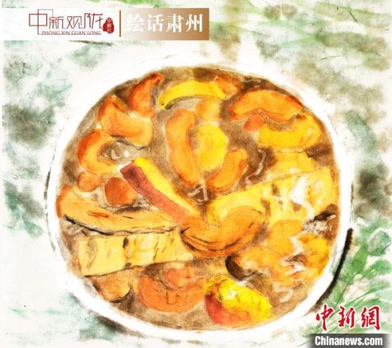 圖為酒泉美食“糊鍋”繪畫作品?！《排d彥 攝