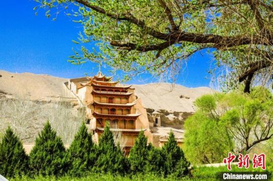 4月的敦煌莫高窟景區(qū)春意盎然。(資料圖) 王斌銀 攝